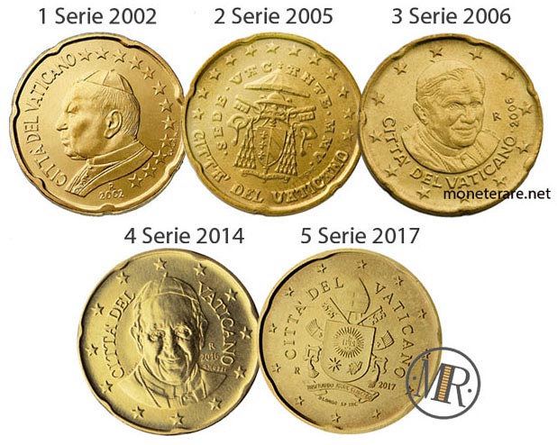 le 5 serie dei 20 centesimi euro della città del vaticano