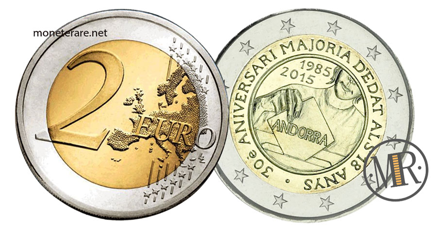 Due Euro Commemorative dell'Andorra  2016 Maggiorenni a 18 anni