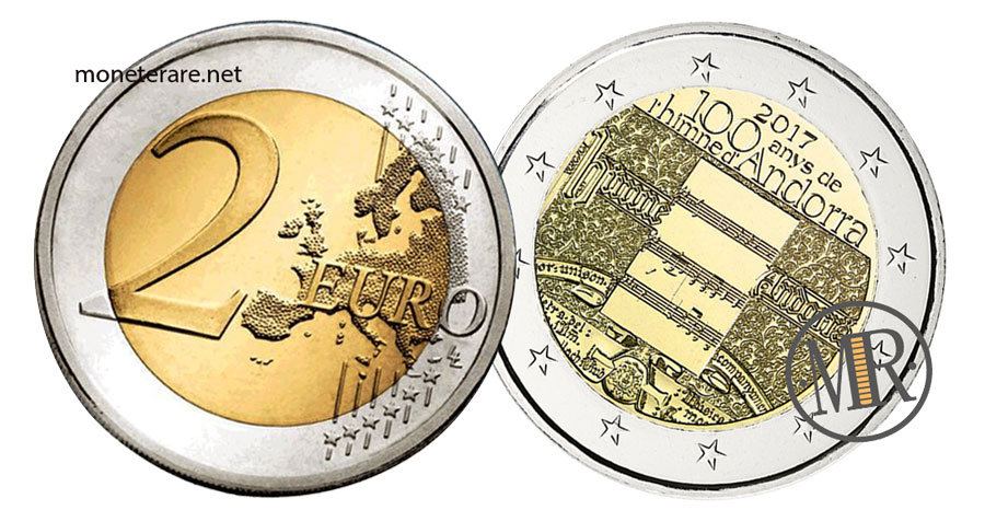 Due Euro Commemorative dell'Andorra  2017 Inno di Andorra