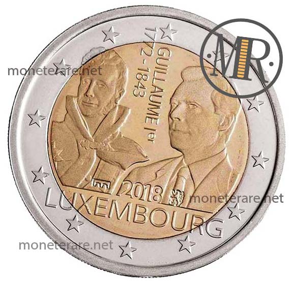 2 Euro Commemorativi Lussemburgo 2018 Anniversario morte Granduca Guillaume I Seconda Versione Fondo Specchio