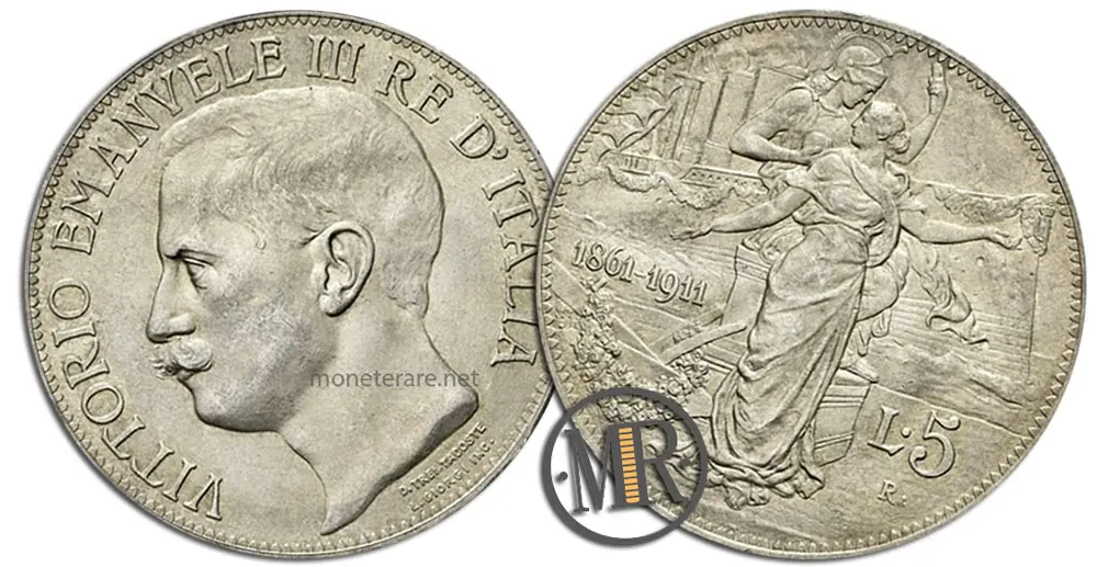 moneta da 5 Lire valore Vittorio Emanuele III Cinquantenario 1911