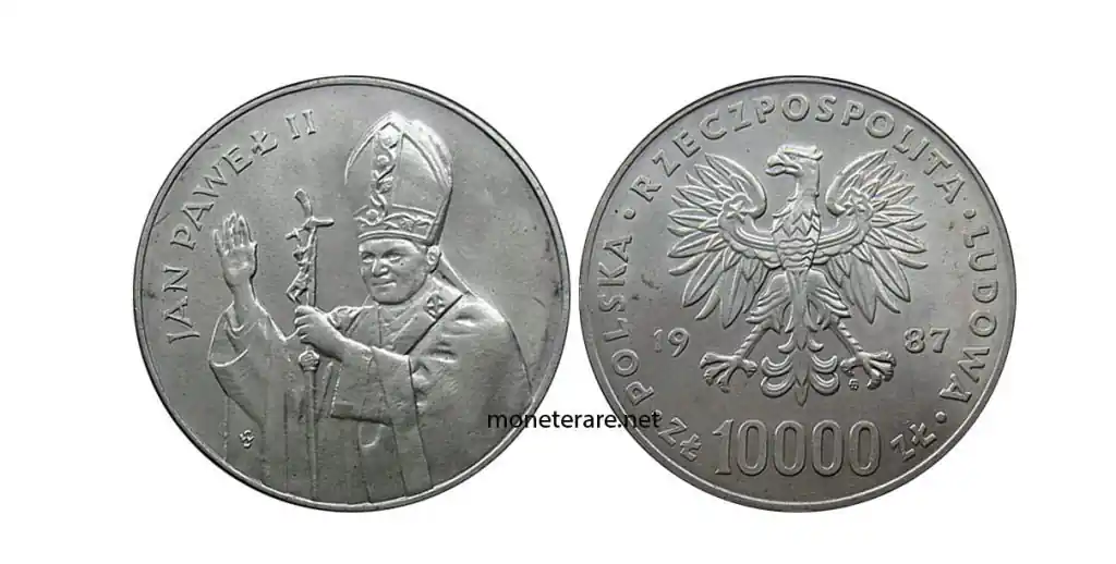 Moneta polacca con giovanni Paolo II da 10.000 Zlotych del 1987